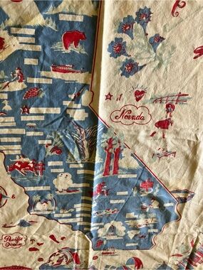 Vintage tablecloth California print red blue retro